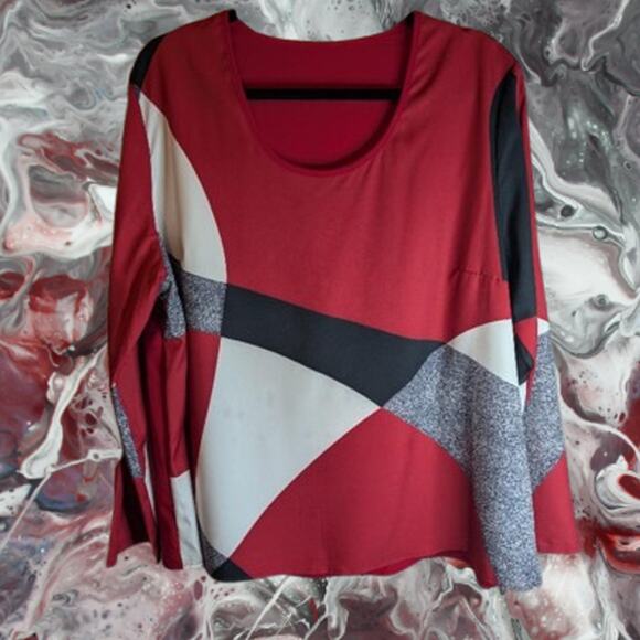 other Tops - Woman's 1XL NWOT long sleeve gray, black, red polyester blouse.